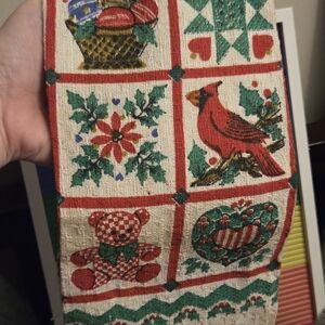 Vintage country kitchen Christmas hand towel quilt like red & green with frayed
